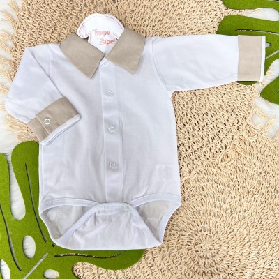 body gola bordada- branco com tecido bege linho